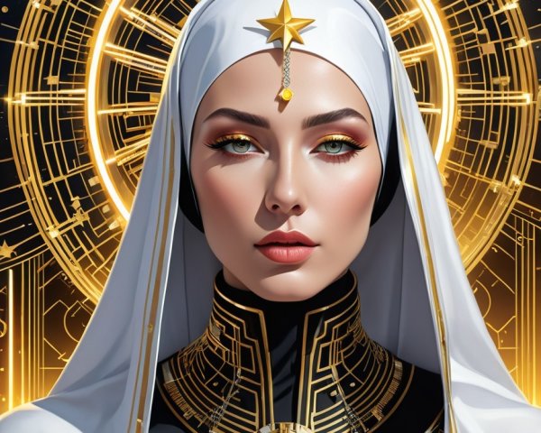 Elaborate Dark Attire with Golden Accents and Hijab