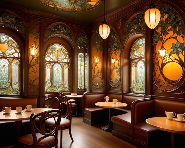 Cozy café interior with wooden décor and stained glass
