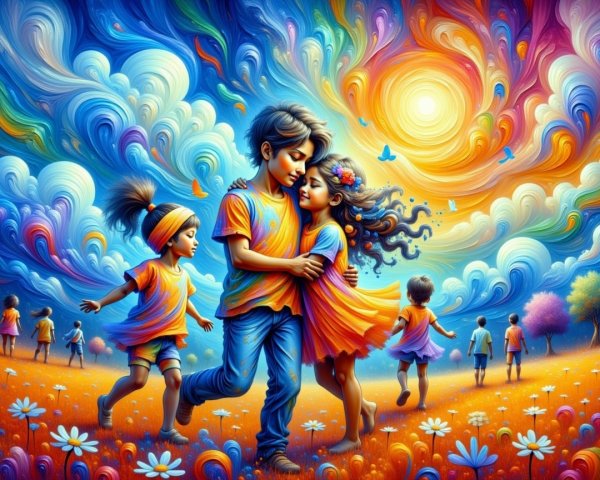 Children Embracing in a Colorful Sunset Landscape