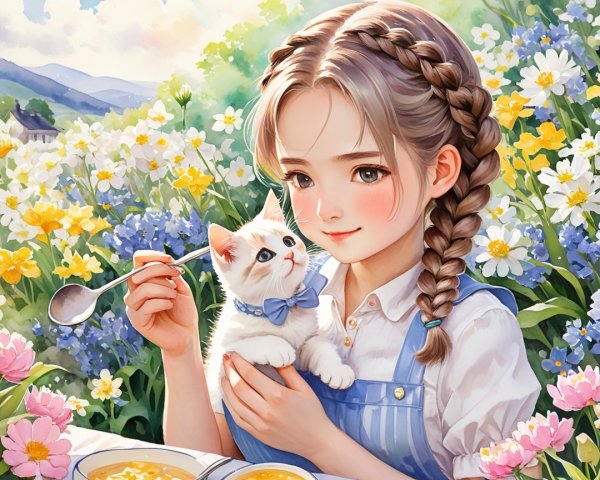 Young girl with kitten in colorful flower field