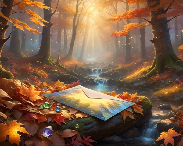 Autumn Forest Scene with Leaves and Scenic Envelope