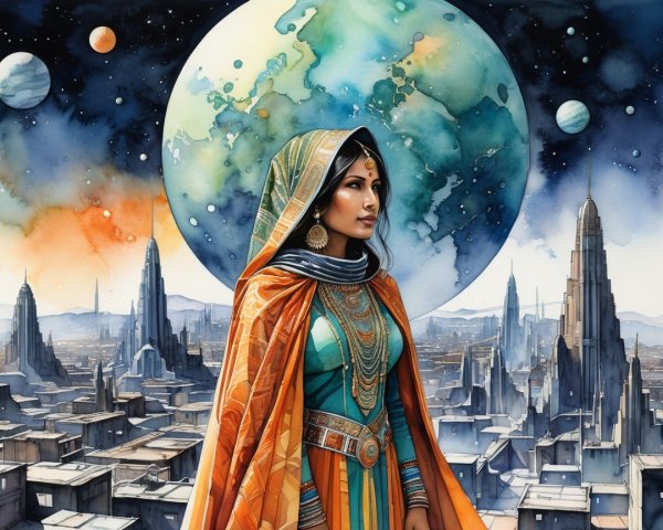 Woman in Traditional Attire with Cosmic Background