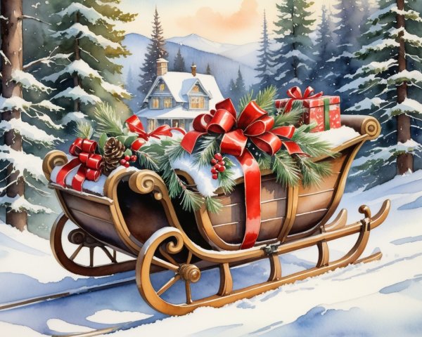 Decorative Wooden Sleigh in Snowy Holiday Landscape