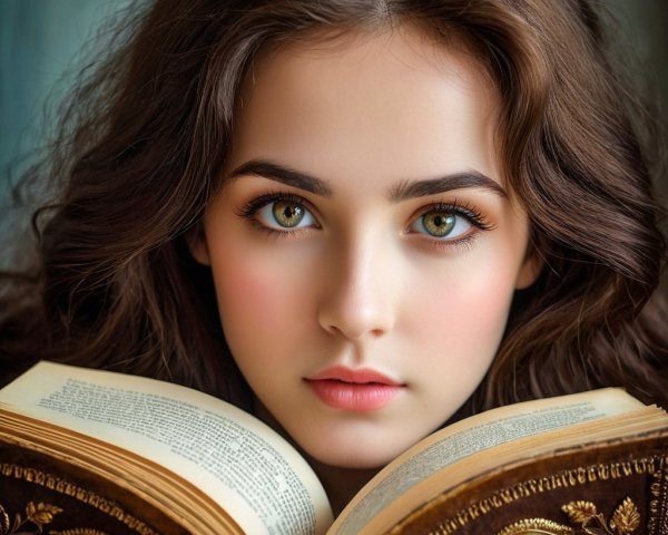 Young woman with green eyes holding an ornate book