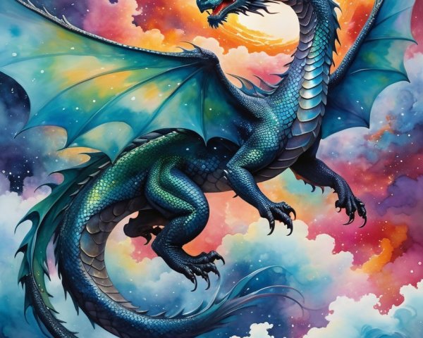 Majestic dragon in vibrant cosmic sky scene