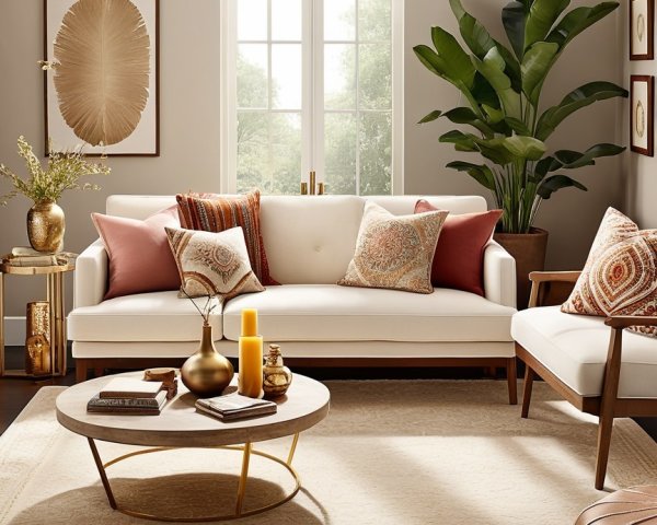 Stylish living room with white sofa and vibrant decor