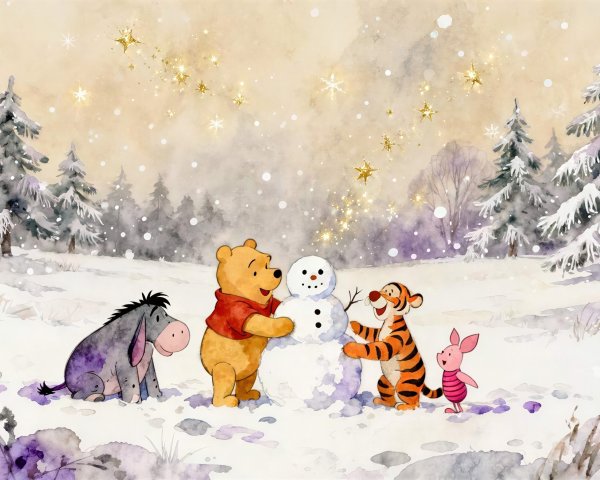Watercolor Illustration of Pooh and Friends Building Snowman