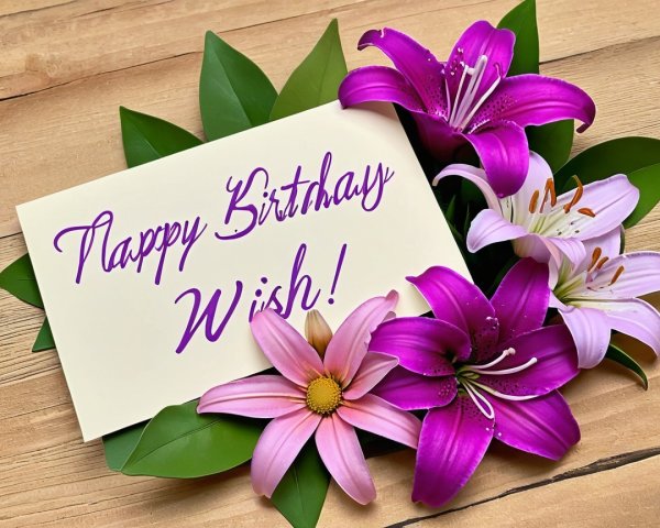 Handwritten Birthday Card with Flowers on Wooden Surface