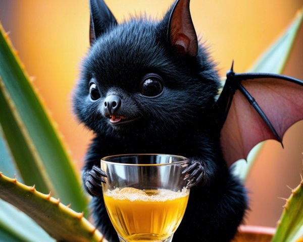 Fluffy bat perched on aloe plant with golden drink