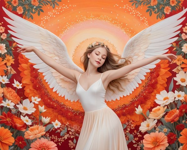 Serene figure with wings in vibrant floral setting