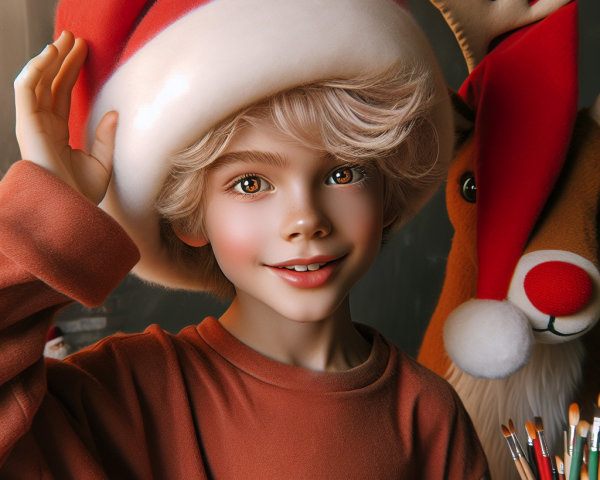 Cheerful Boy in Santa Hat with Plush Reindeer