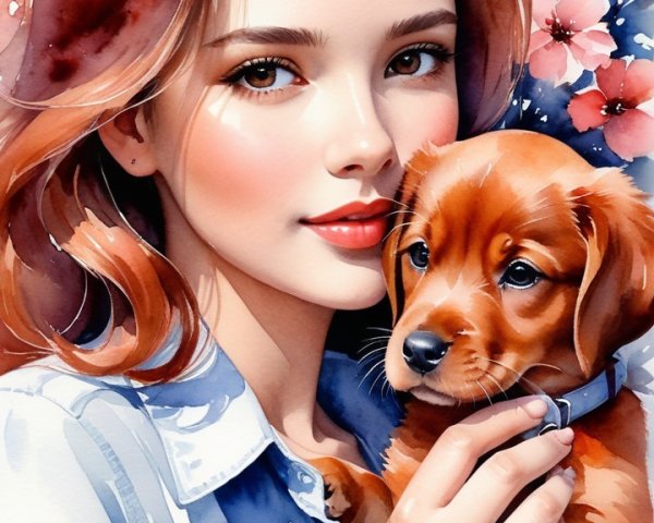 Young woman with golden retriever puppy in floral setting