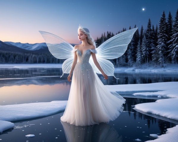Serene Winter Scene with Fairy by Sparkling Lake
