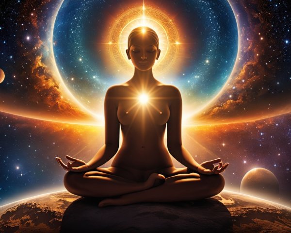 Meditative Figure Surrounded by Cosmic Elements