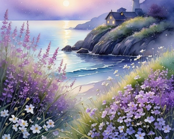 Twilight Coastal Scene with Lighthouse and Flowers