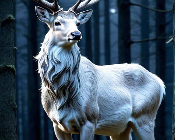 Majestic white stag in misty forest setting