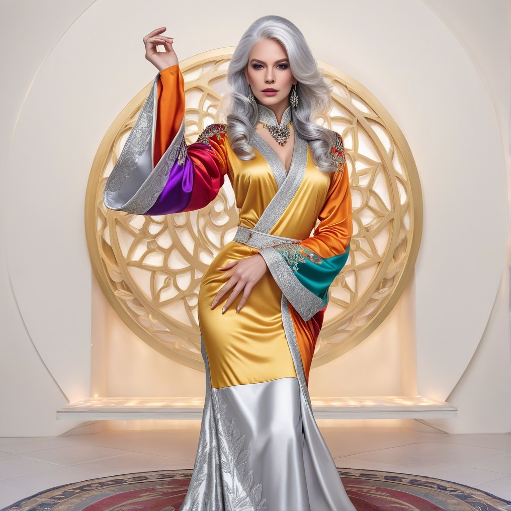 Elegant figure in multicolored robe with ornate backdrop