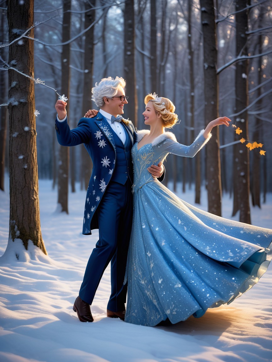 Couple Dancing in a Snowy Forest with Frosty Trees