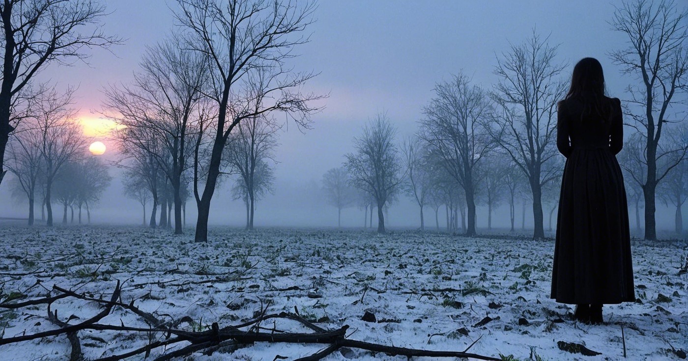 Solitary Figure in Dark Dress in Snowy Landscape