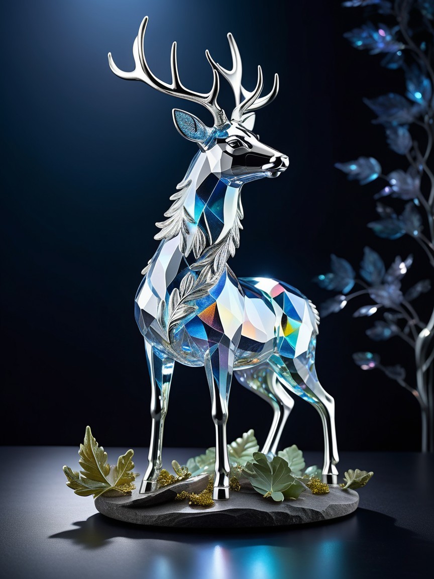 Crystal Deer Sculpture with Colorful Light Reflections