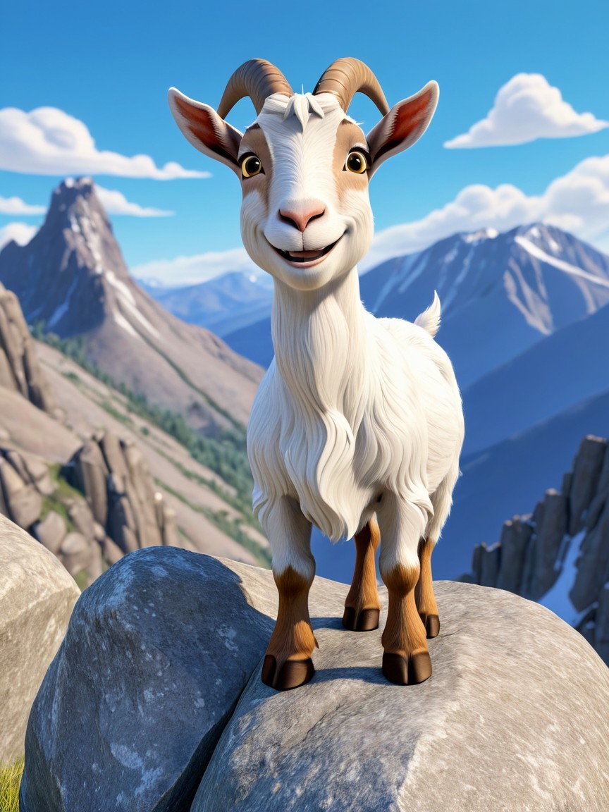 Animated Goat on Rocky Outcrop with Mountain View