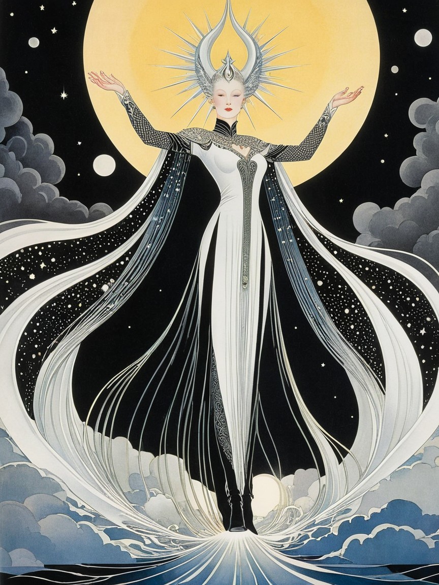 Celestial Figure in Flowing Gown Under Moonlight