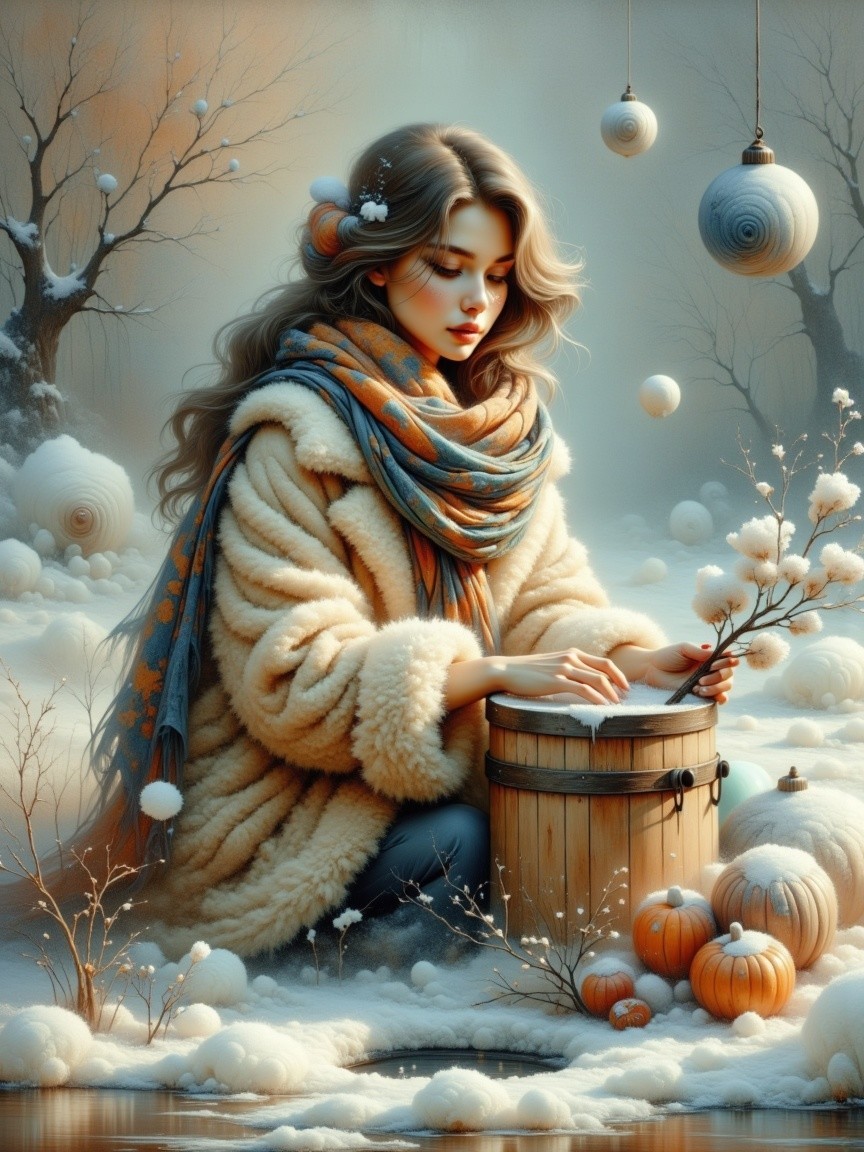 Winter Scene with Woman in Cozy Coat and Snowy Landscape