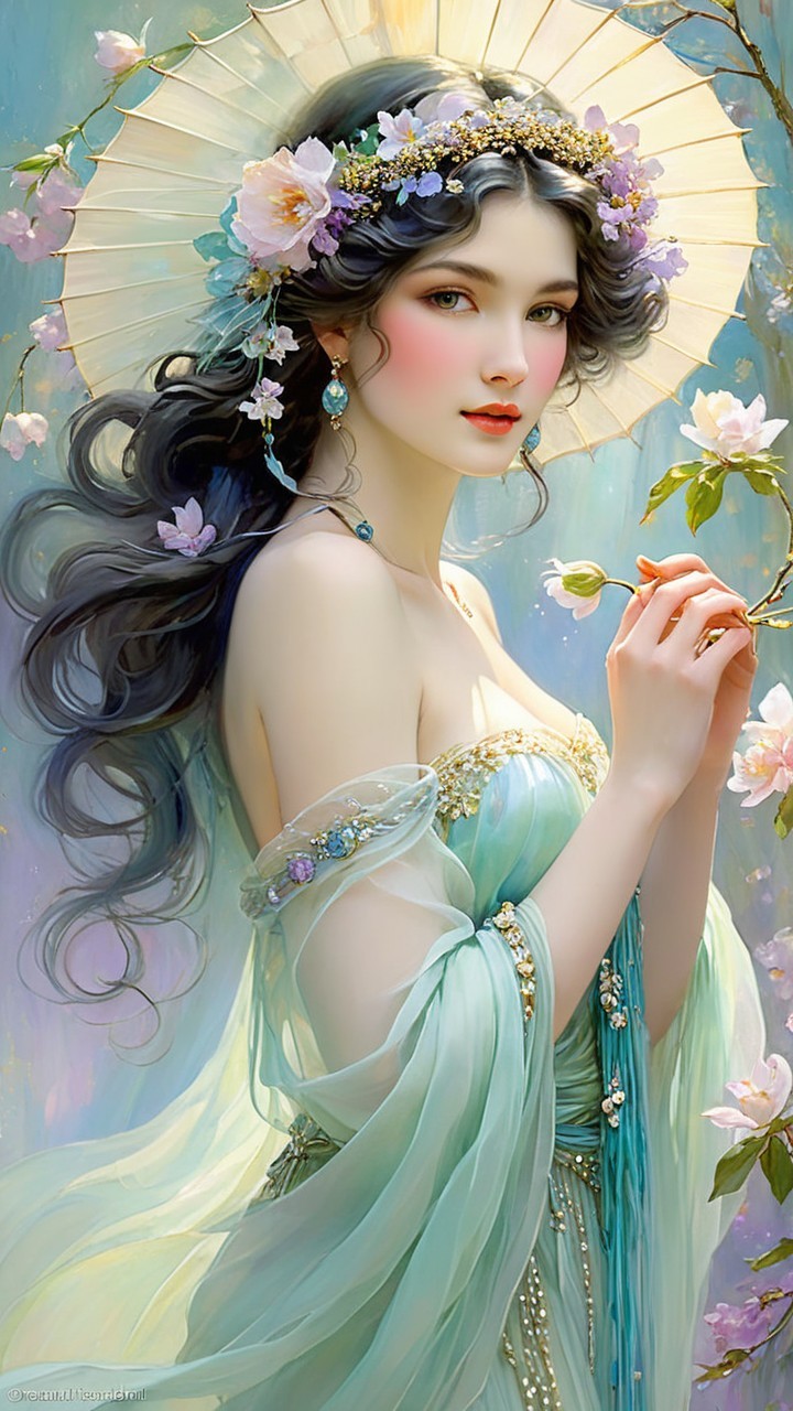 Ethereal Woman in Flowing Green Gown with Blossoms
