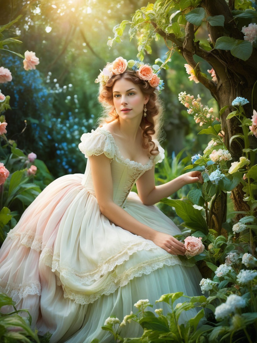 Young Woman in Pastel Gown in Lush Garden Setting