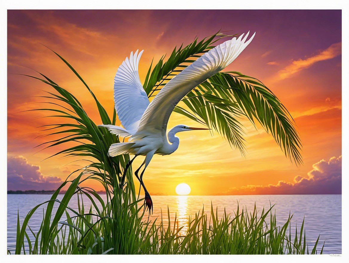 White Egret in Flight at Sunset Over Water