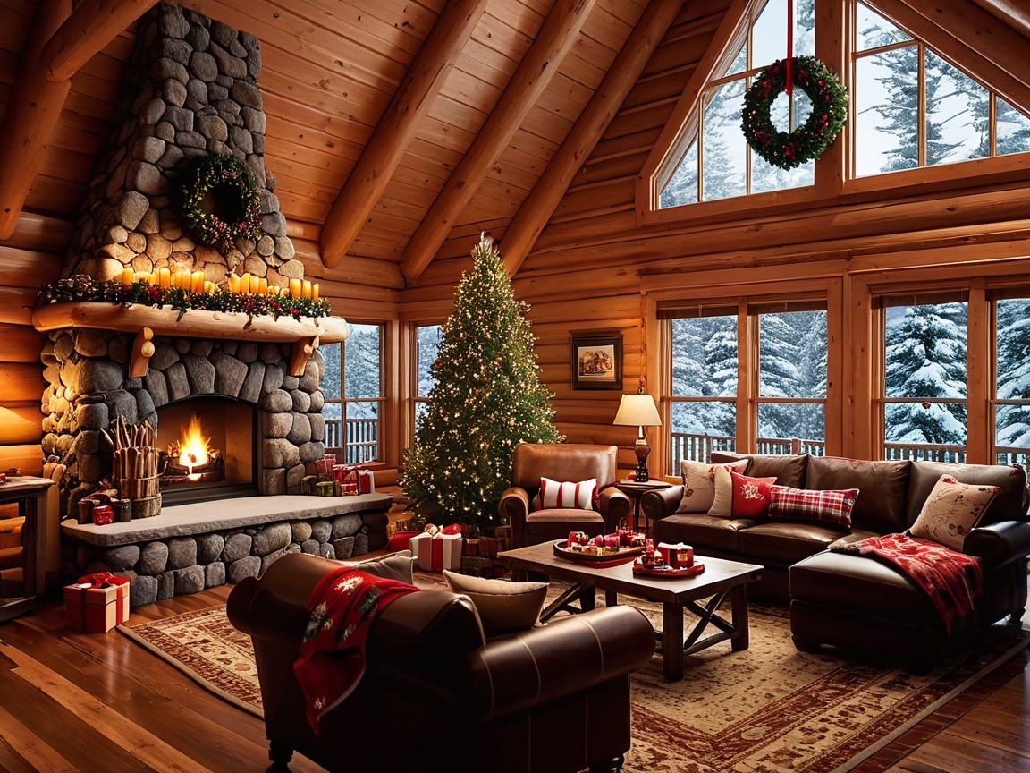 Cozy Cabin Interior with Fireplace and Christmas Decor