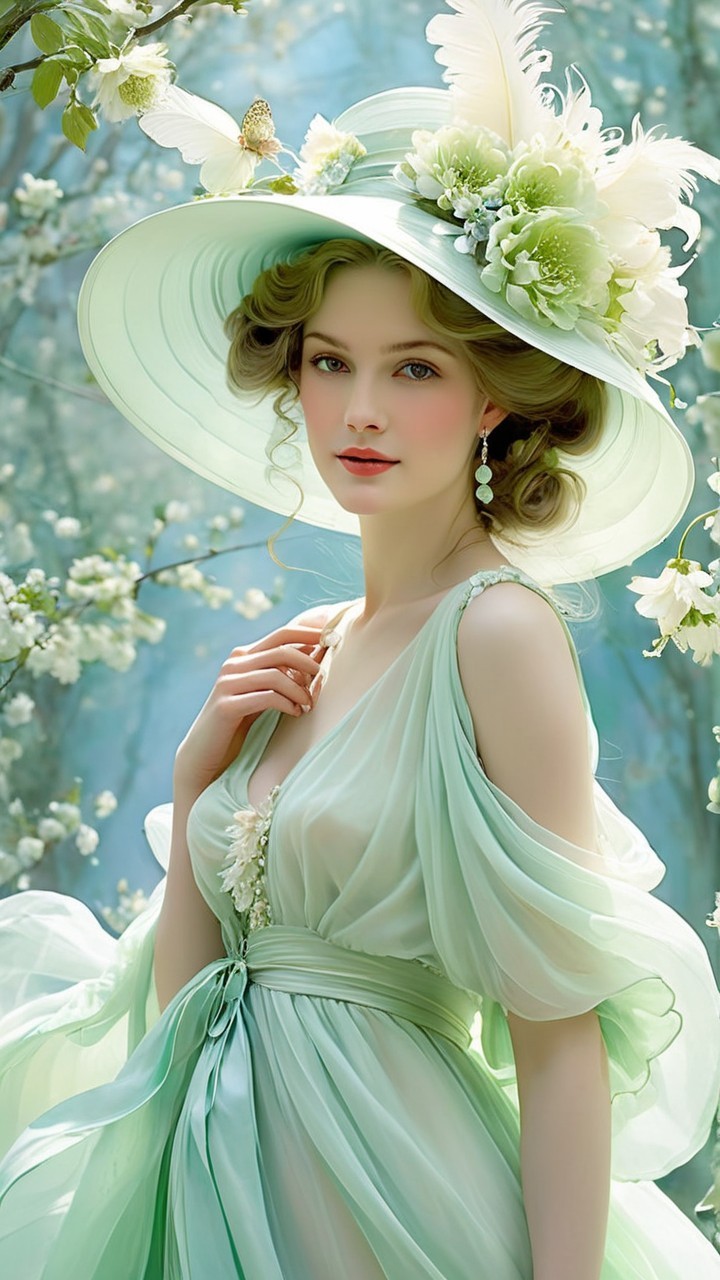 Young woman in mint-green gown in floral setting