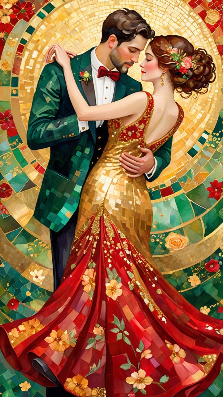 Couple Dancing Against Vibrant Mosaic Backdrop