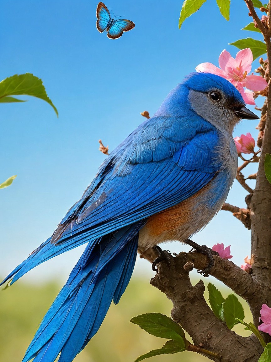 Vibrant Blue Bird on Branch with Pink Blossoms