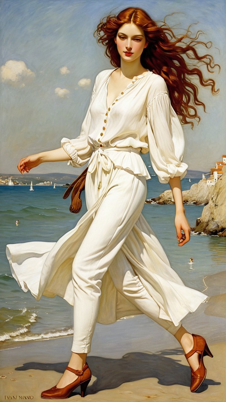 Serene Beach Scene with Woman in Elegant Outfit