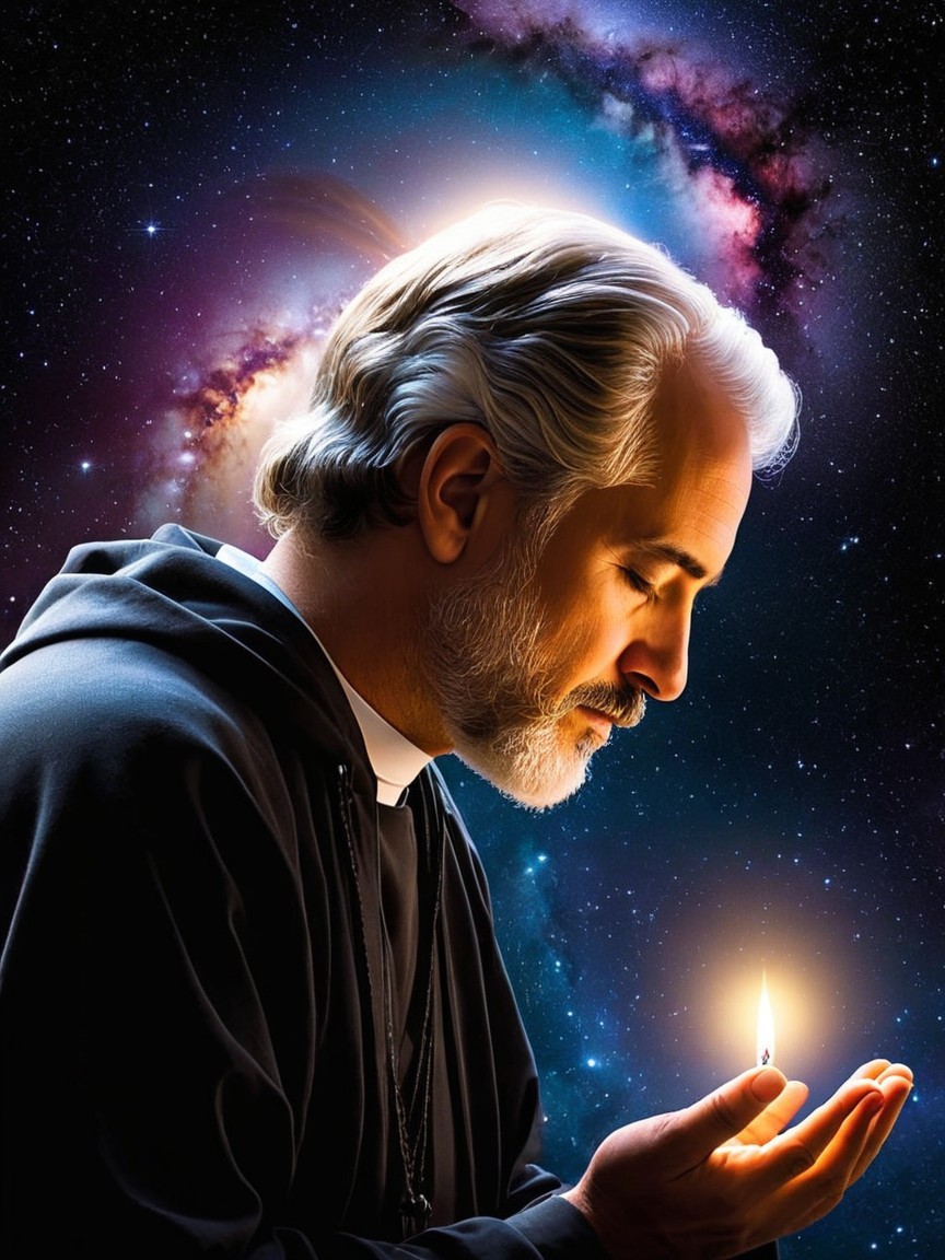 Contemplative Figure with Flame Against Cosmic Backdrop