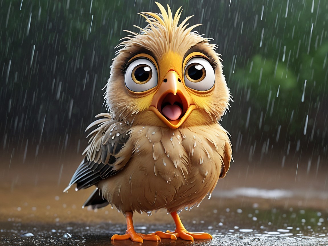 Cartoon Bird in the Rain with Fluffy Feathers