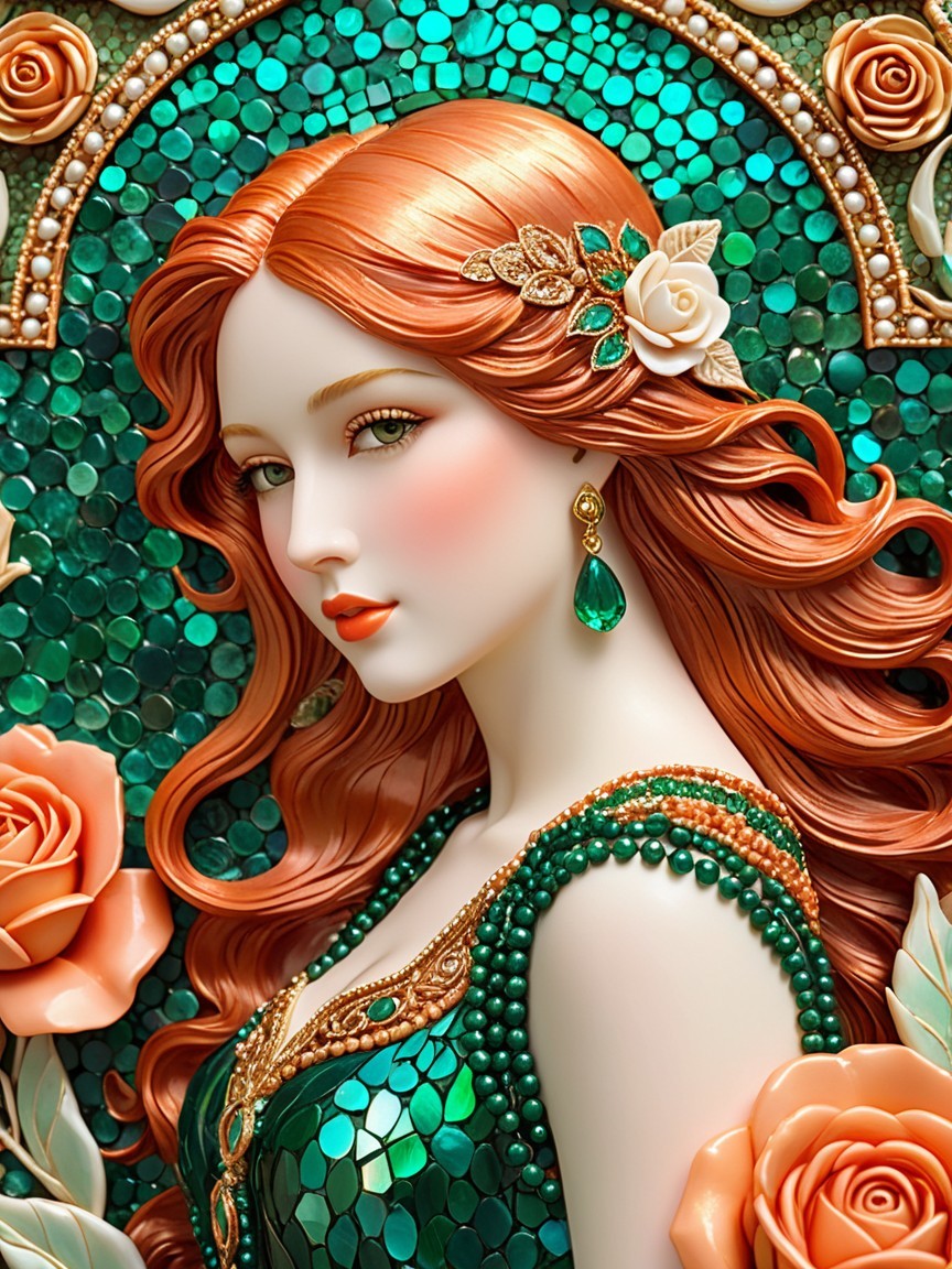 Stunning Woman with Red Hair and Green Mosaic Background