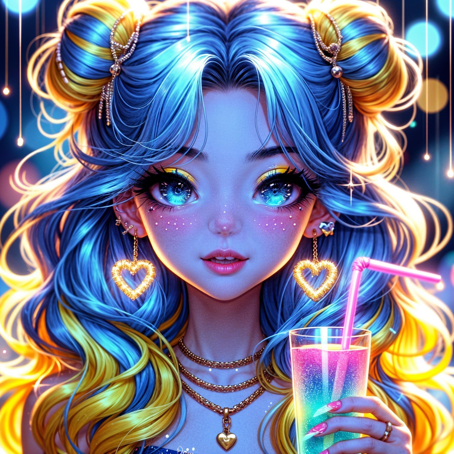Whimsical portrait of a girl with blue and golden hair