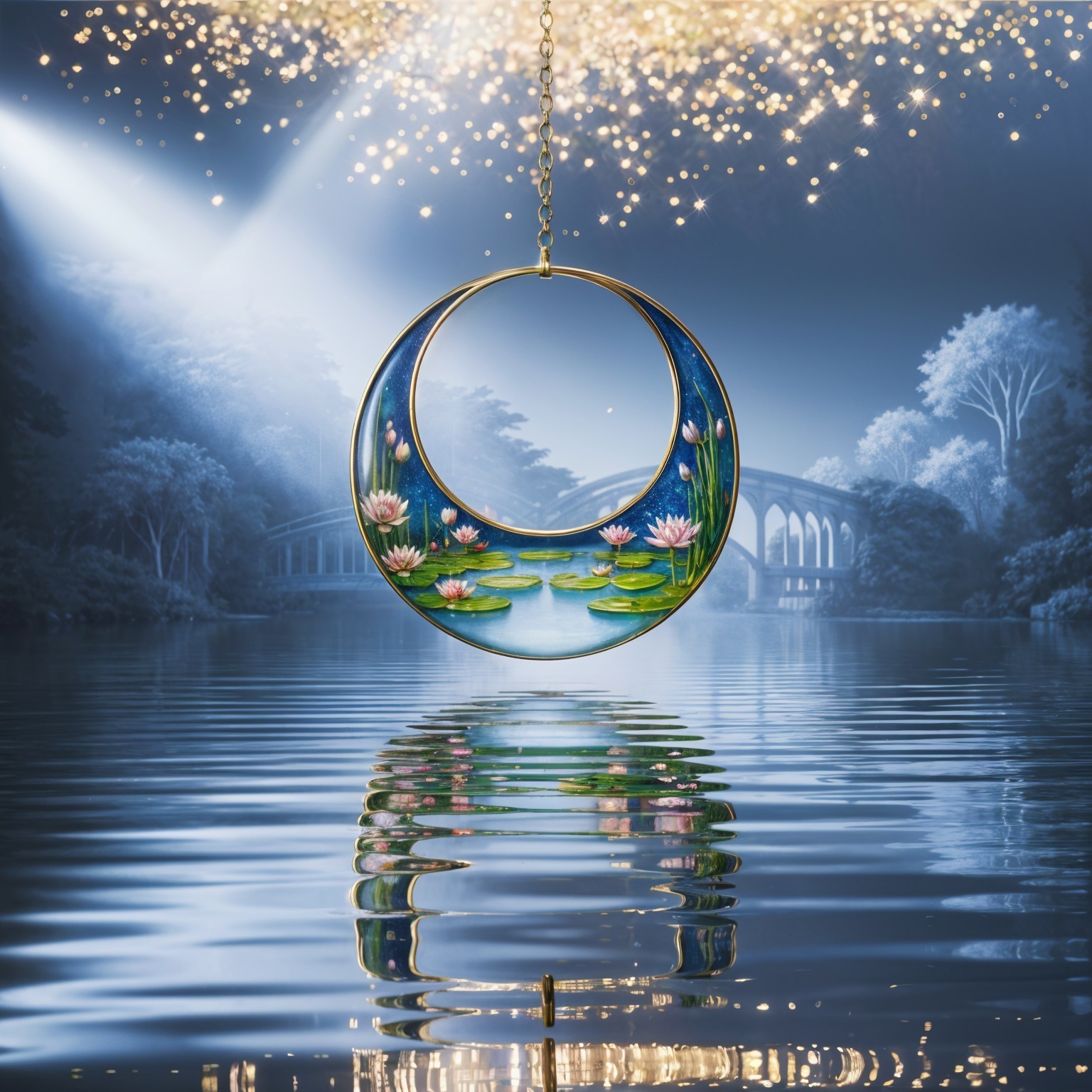 Circular Frame Over Reflective Lake with Water Lilies