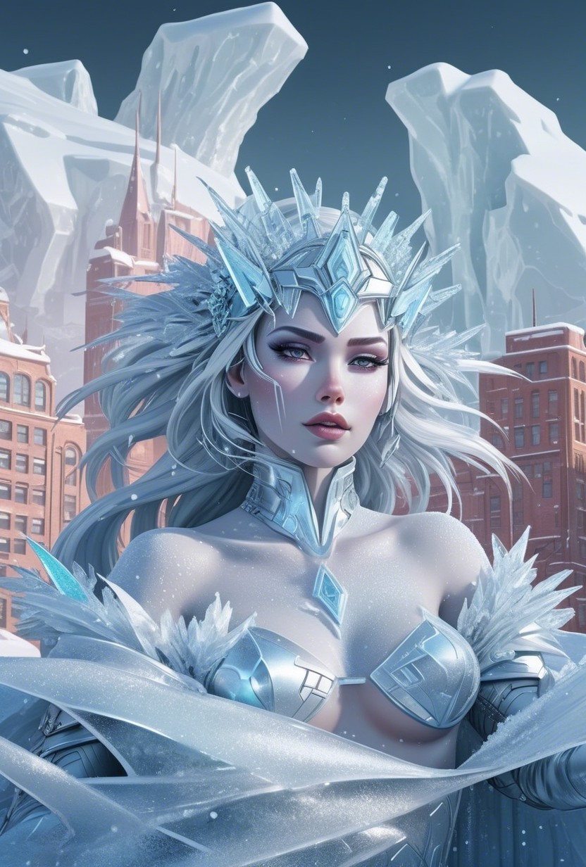 Majestic Figure in Icy Crown Amidst Winter Landscape