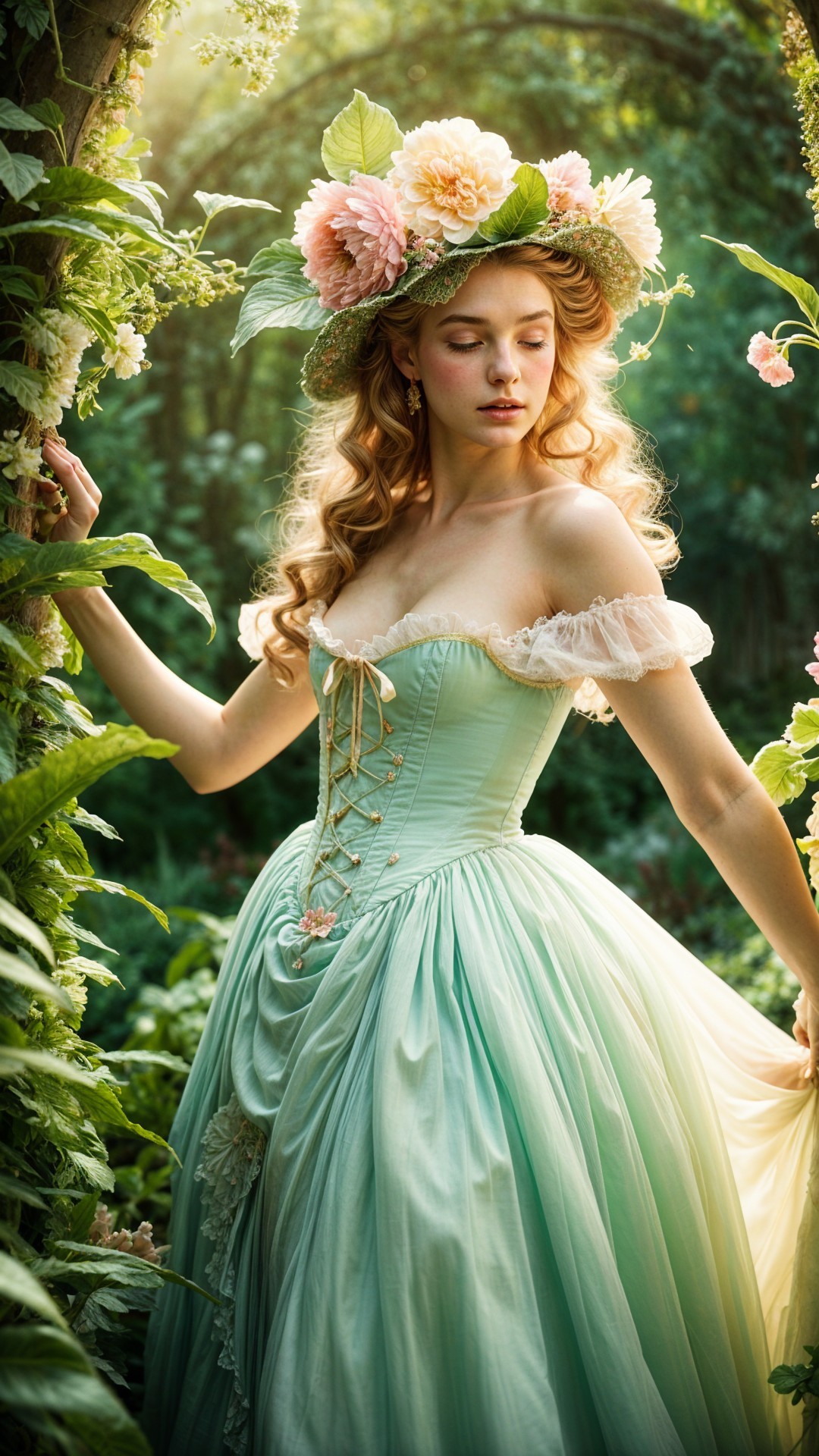 Young Woman in Mint Green Gown in Lush Garden