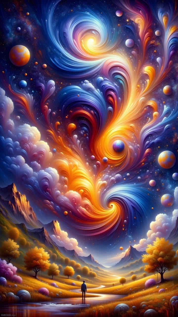 Surreal Cosmic Scene with Galaxies and Nature Elements