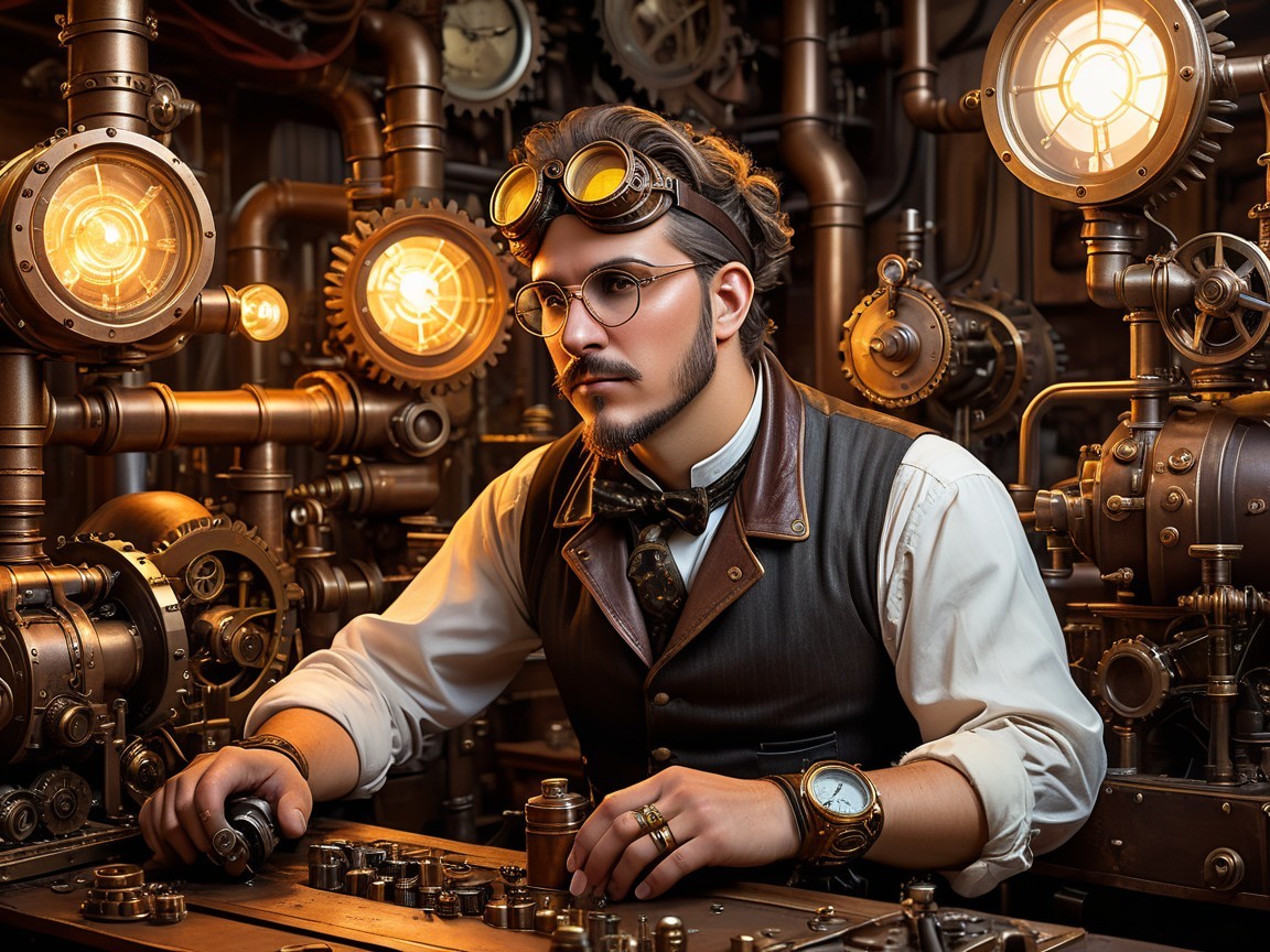 Steampunk Scene with Vintage Attire and Control Panel