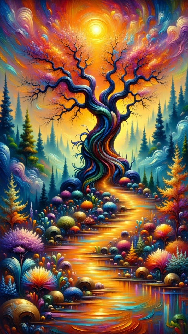 Surreal Landscape with Colorful Tree and Sunset