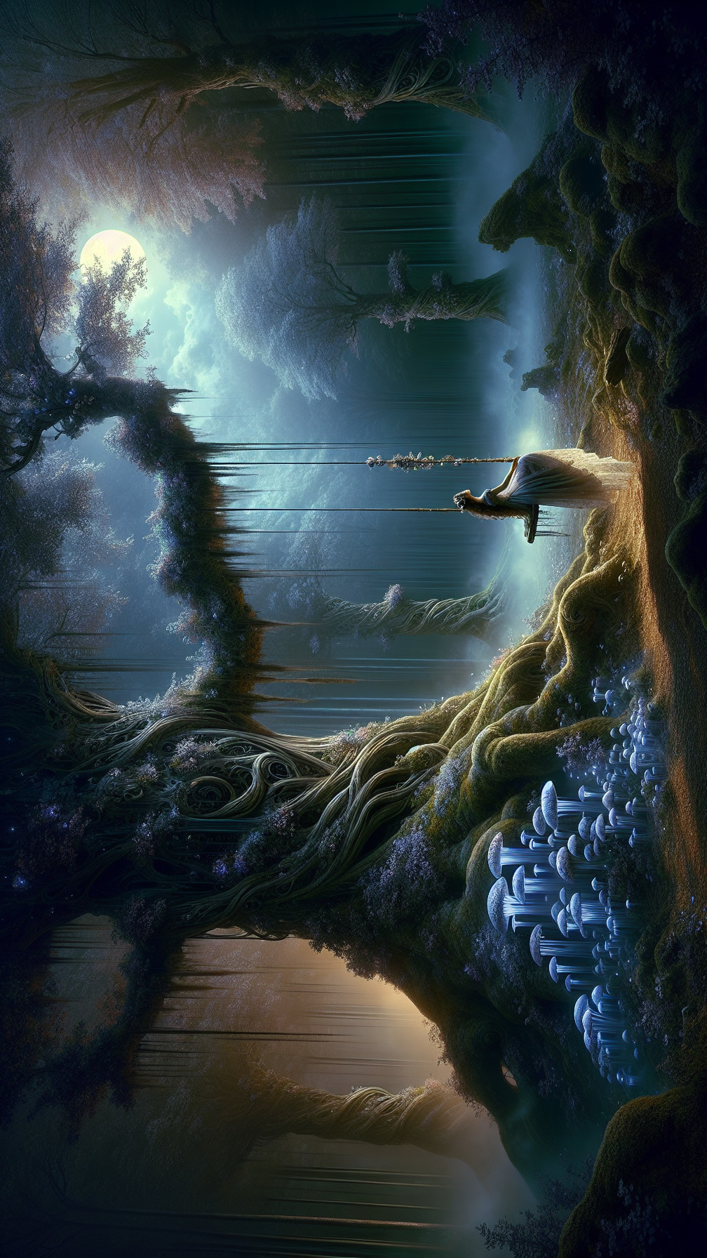 Mystical Forest with Bioluminescent Mushrooms and Fog