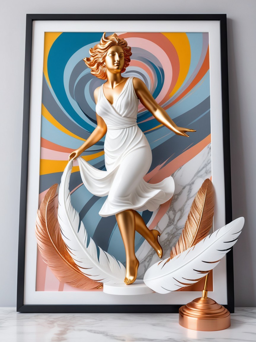 Dynamic Female Figure in Flowing Dress and Feathers