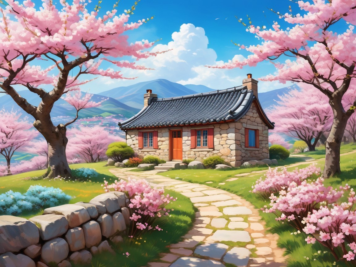 Stone cottage surrounded by cherry blossoms and mountains