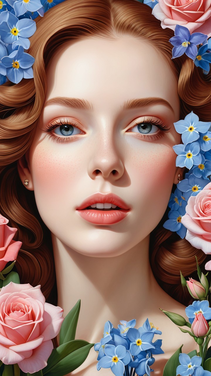 Close-up Portrait of a Young Woman with Flowers