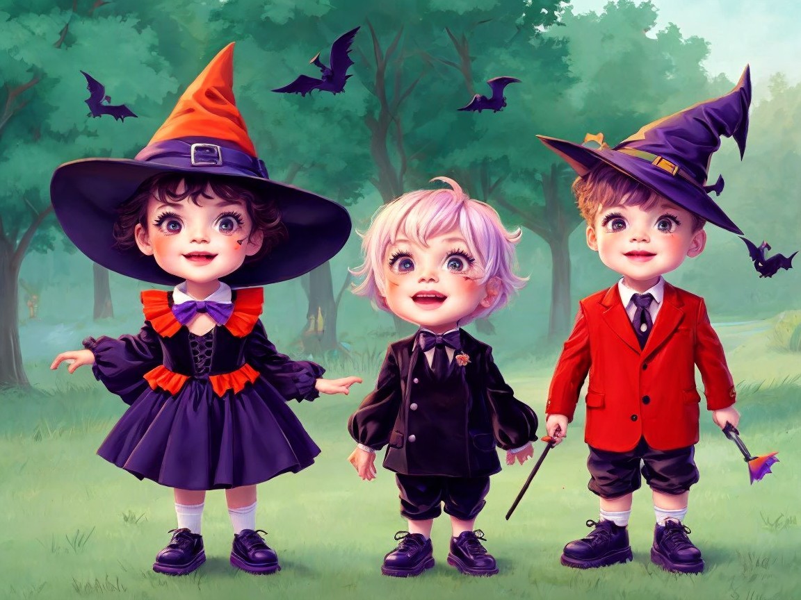 Children in Halloween Costumes in a Whimsical Forest